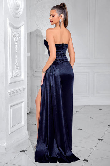 Navy Strapless Sheath Corset Ruched Evening Dress